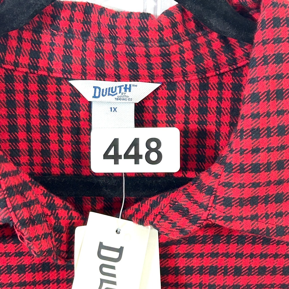 Duluth Trading Co Folklore Flannel Shirt Red Black Gingham Plaid 1X Pockets NWT - Picture 2 of 7